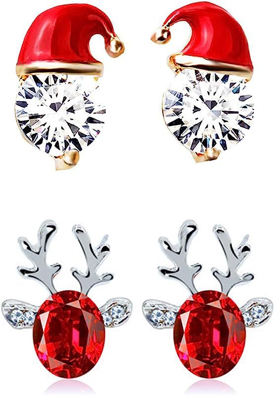 2 Pairs Women's Christmas Earrings, Girls Crystal Gemstone Santa Christmas Hat Earrings Luxury Ch... | Amazon (US)