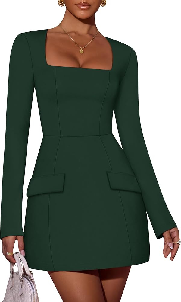 ZESICA Women's 2026 Fall Long Sleeve Bodycon Mini Dress Casual Square Neck Slim Fit Cocktail Part... | Amazon (US)