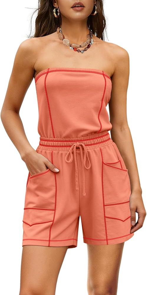 LAMISSCHE Womens Casual Strapless Jumpsuits Sexy Summer Rompers Tube Top Short Romper with Pocket... | Amazon (US)