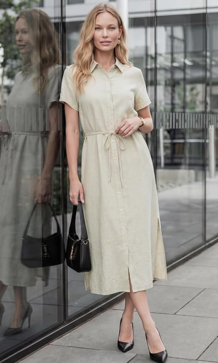 Effortless workwear with a soft neutral touch.🤍 This beige  button-down dress is clean, breathable, and perfectly polished for warm days. The relaxed silhouette keeps it comfortable while the structured button front adds a classic, put-together feel. 

Pair with sophisticated heels, flats, or a belt for an easy office-ready look that transitions beautifully into everyday wear.✨

#LTKMidsize #LTKOver40 #LTKWorkwear