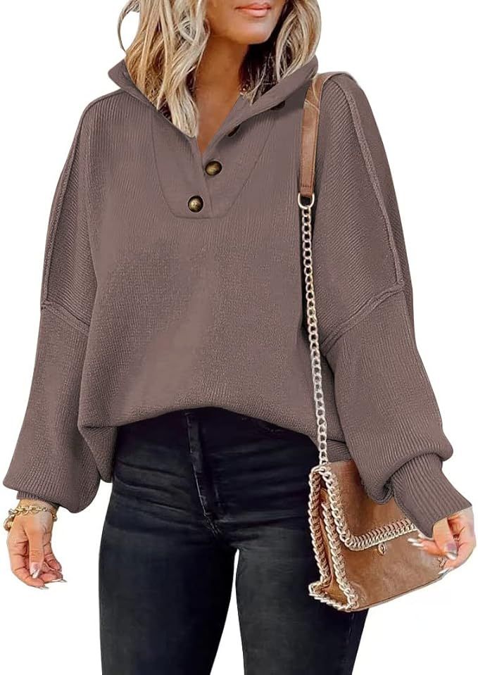 LILLUSORY Women's Long Sleeve Button Up Drop Shoulder Sweaters 2023 Fall Oversized Slit Side Knit... | Amazon (US)