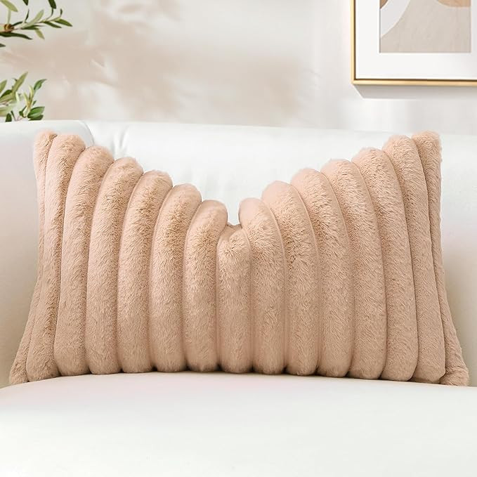 OTOSTAR Camel Faux Rabbit Fur Decorative Throw Pillow Cover 16x24 Inch Soft Cozy Plush Striped Pi... | Amazon (US)