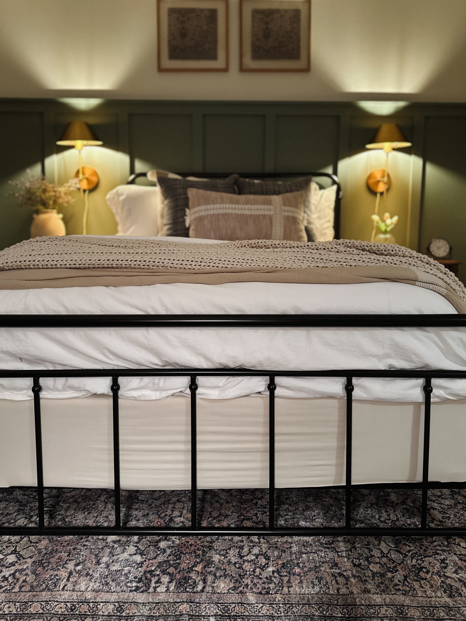 Moody guest bedroom!

Black metal bed frame, wayfair find, brass sconces, blue plaid throw pillows, white duvet, casaluna throw blanket, green accent wall, wall art, amber Lewis cloud pile rug 

#LTKHome #LTKWatchNow #LTKStyleTip