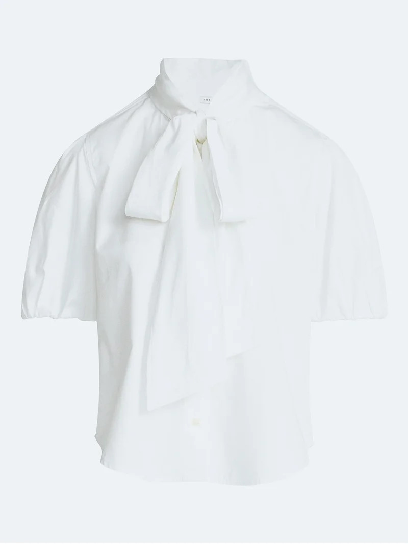 Free Assembly Women's Cotton Bow Blouse with Short Puff Sleeves, Sizes XS-XXL | Walmart (US)