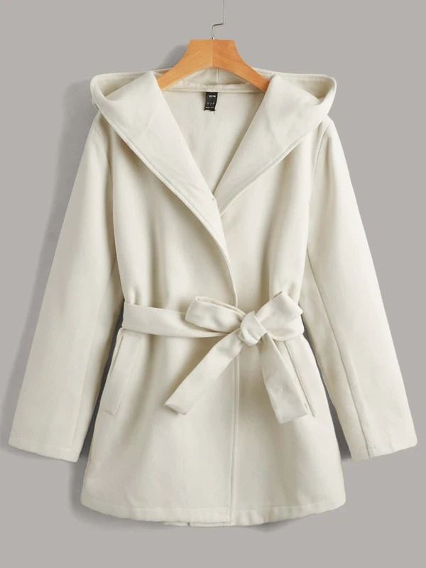 Solid Self Tie Hooded Overcoat | SHEIN