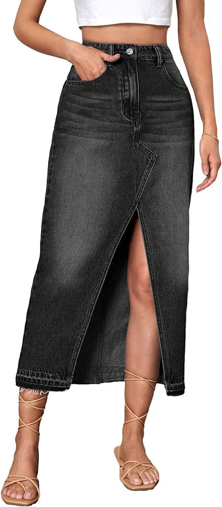 Floerns Women's High Waist Split Thigh Zipper Up Asymmetrical Midi Denim Skirt with Pocket | Amazon (CA)