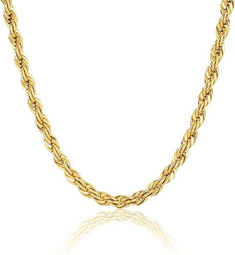 WHIPPY 18k Gold Plated Rope Chain Stainless Steel Twist Rope Necklaces for Men Women 2.5mm - 16, ... | Amazon (US)