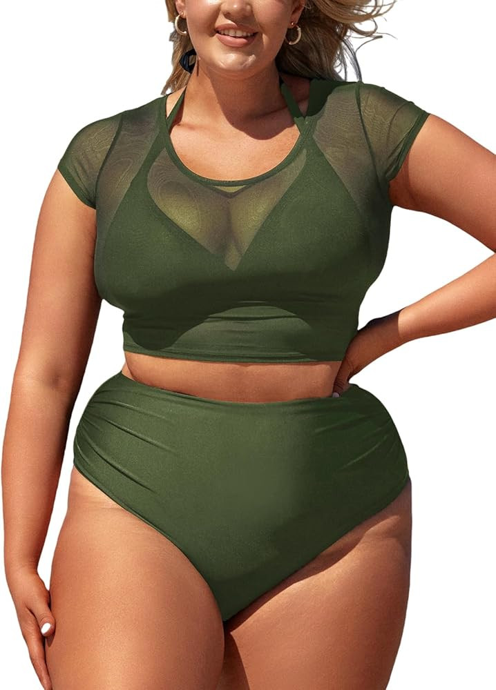 CUPSHE Women Swimsuit Plus Size Bikini Set Three Piece High Waisted Sheer Mesh Top Halter Ruched ... | Amazon (US)
