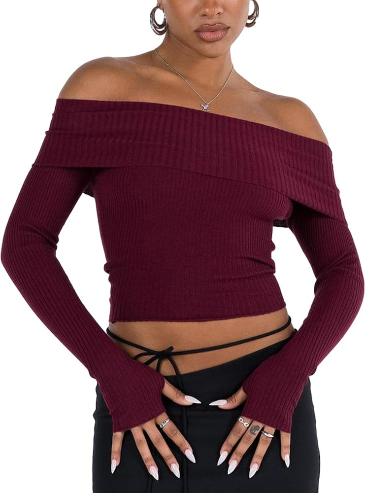 Women's Off Shoulder Lace Trim Sweater Y2k Kawaii Long Sleeve Ruffle Cable Knit Shirt Pullover Sw... | Amazon (US)