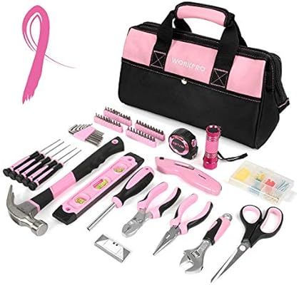 WORKPRO Pink Tool Kit, Lady's Home Repairing Tool Set with Wide Mouth Open Storage Bag | Amazon (US)
