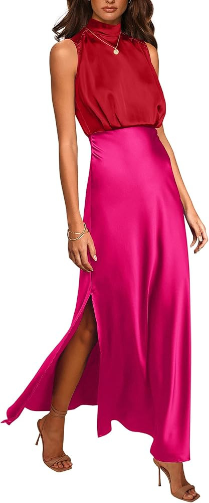 BTFBM Women Sleeveless Mock Neck Cocktail Dresses Keyhole Elastic Waist Party Wedding Guest Satin Hi | Amazon (US)