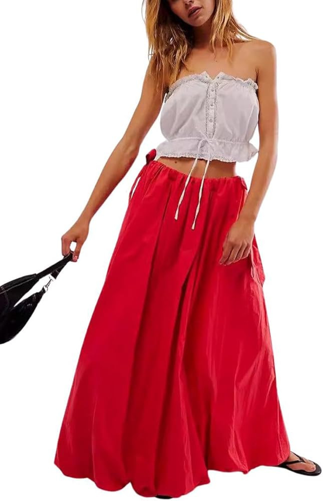 chouyatou Women's Bow Knot Maxi Bubble Skirt Y2K A-Line Long Balloon Skirt with Pockets | Amazon (US)