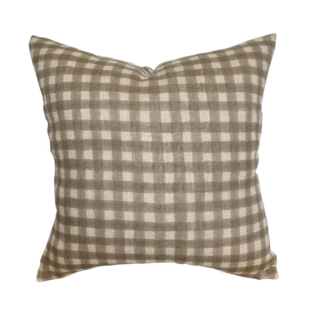 Evan | Soft Brown Gingham Handblock Pillow Cover | Tan Plaid Linen Designer Fabric - Etsy | Etsy (US)
