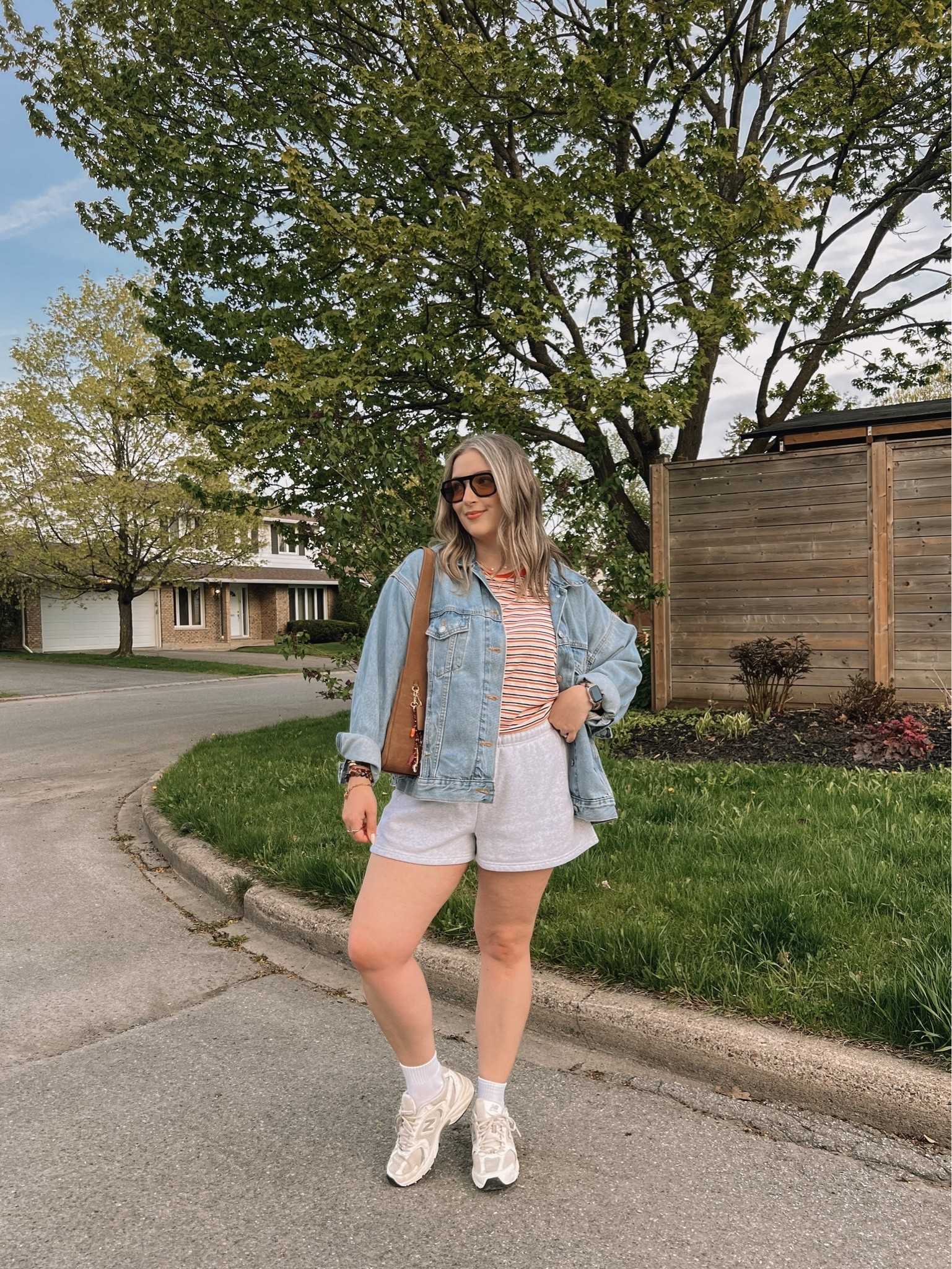 OOTD for a walk! Wearing my usual L in the sweatshorts. Sized up to XL in the striped tee cause I have a larger chest. Also sized up to XL in the denim jacket for an oversized fit. New Balance sneakers are super comfy but run big, I’m a 9.5-10 and wear a 9.

#LTKsummer #LTKsale #LTKmidsize