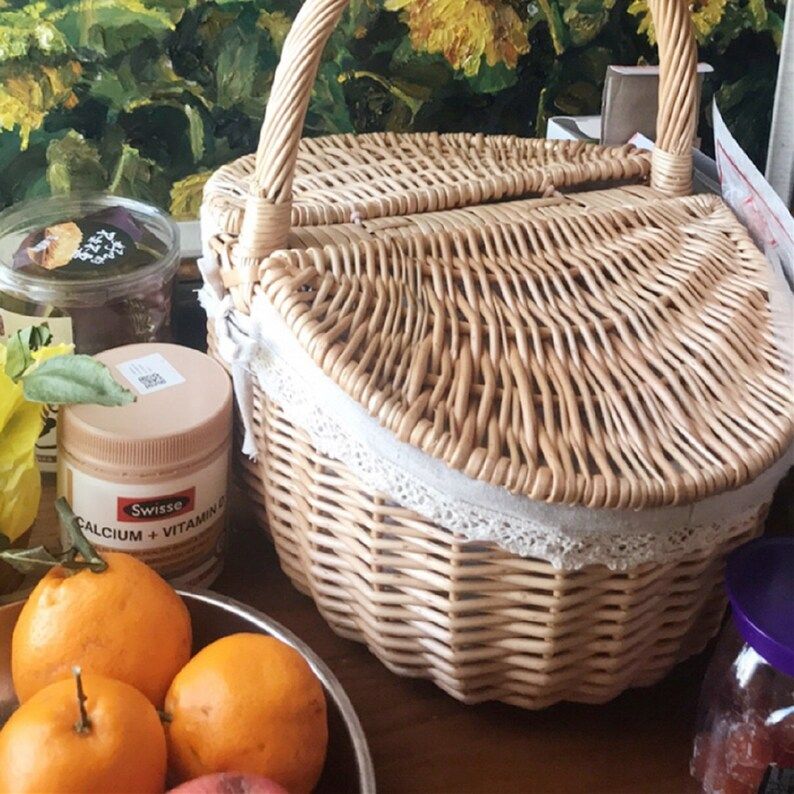 Classic wicker handwoven basket with lid,Straw weaving basket, picnic basket,oval storage box, Ut... | Etsy (AU)
