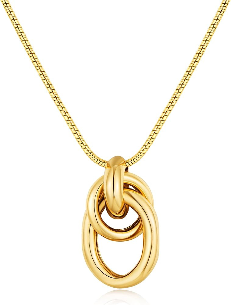 Gold Tone Irregular Oval Pendant Necklace for Women, Minimalist Chunky Snake Chain Necklace, Dain... | Amazon (US)