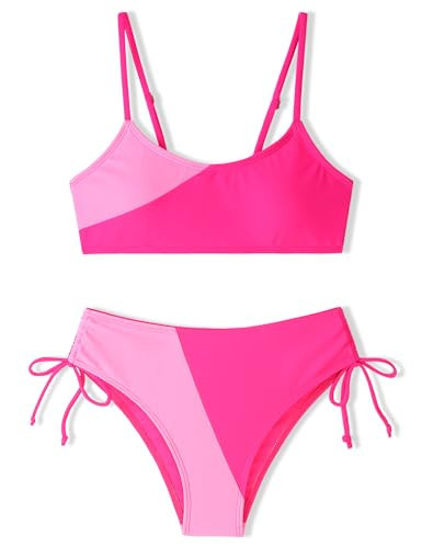 FoWear Girls Swimsuits Bikini Set 2 Pieces Rose Powder Patchwork Color Block Bikini with Adjustable Shoulder Strap Girls Bathing Suits Size 10-12 | Amazon (US)