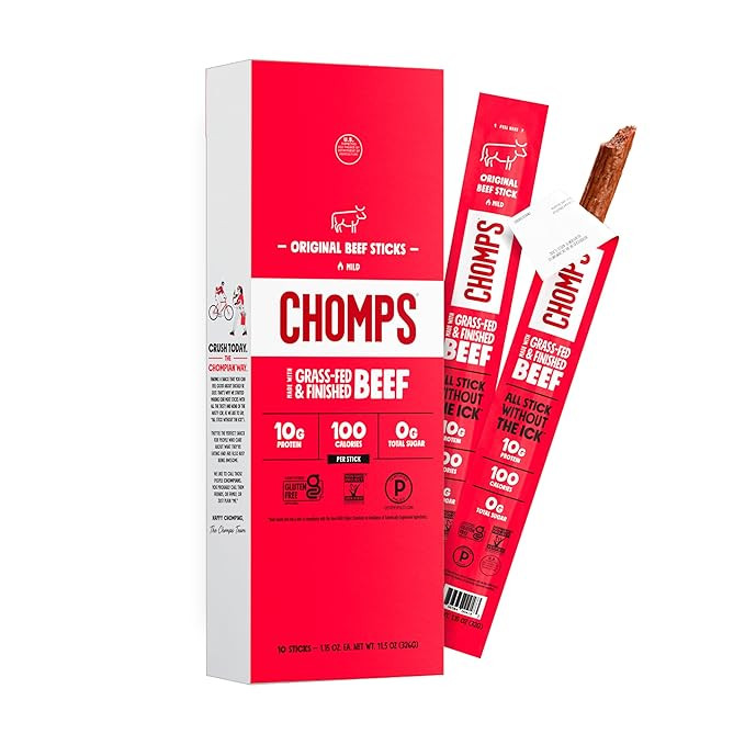 Chomps Grass-Fed and Finished Original Beef Jerky Snack Sticks 10-Pack - Keto, Paleo, Whole30, 10... | Amazon (US)