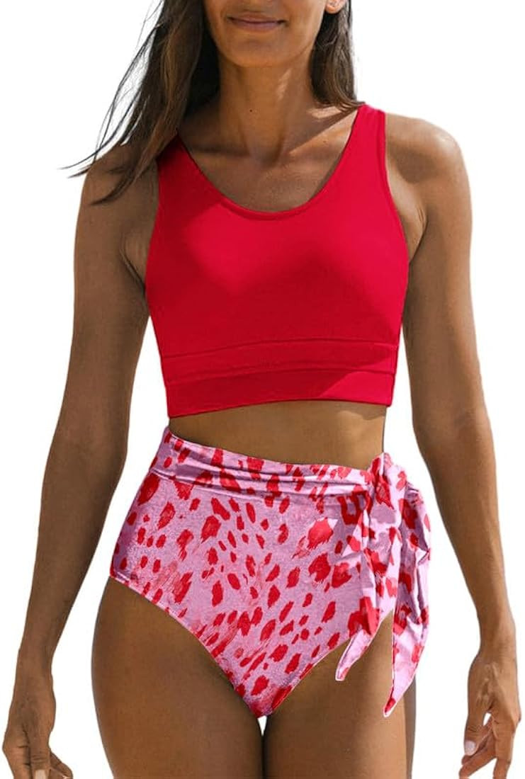 Dokotoo Womens Scoop Neck Racerback High Waisted Bikini Sets Two Piece Swimsuit Floral Print Tumm... | Amazon (US)