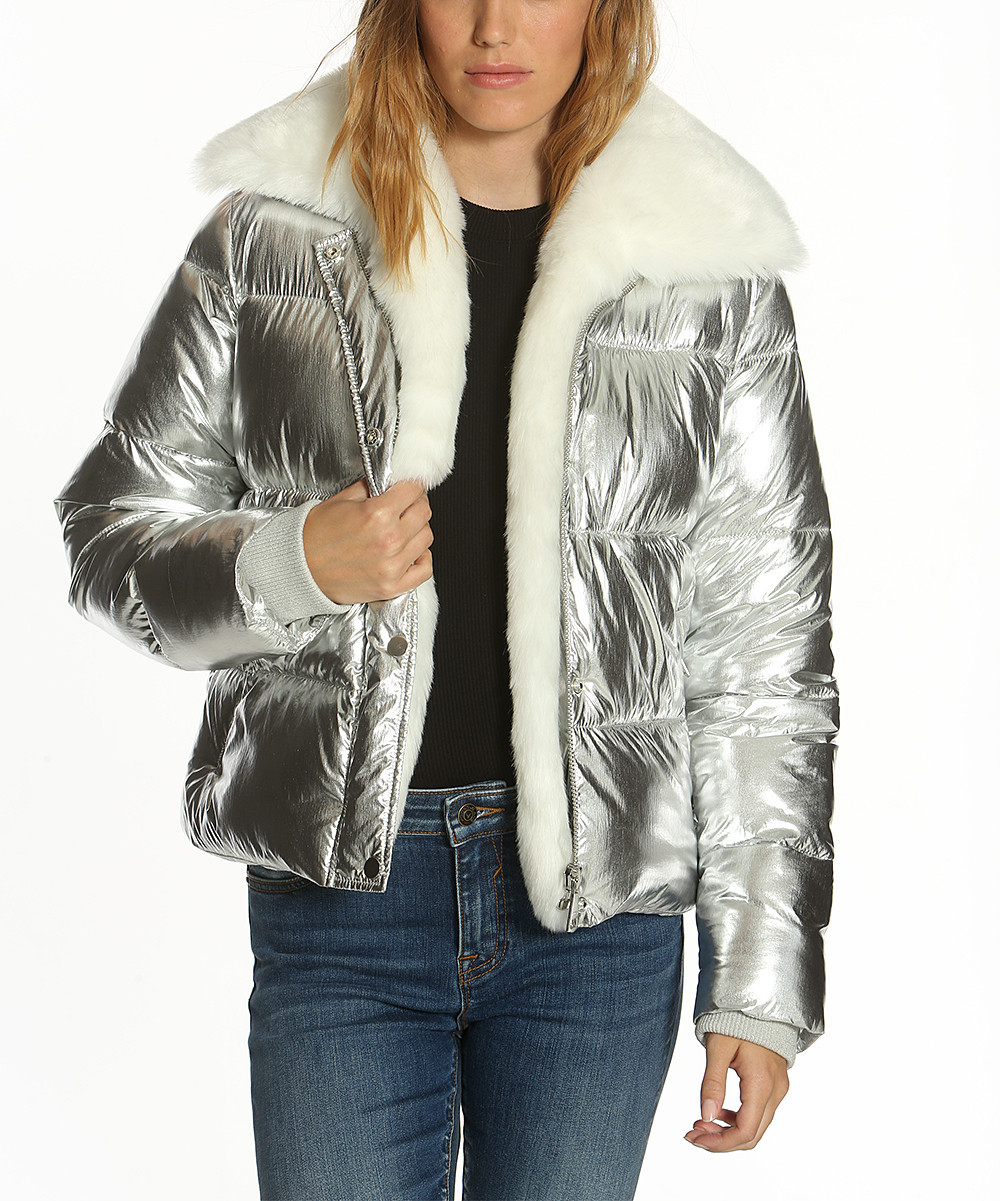 Vigoss Women's Puffer Coats SILVER - Silver Faux Fur-Accent Puffer Jacket | Zulily
