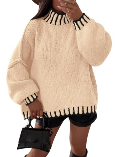 Saodimallsu Womens Chunky Mock Neck Sweaters Lantern Sleeve Fall Casual Slouchy Knit Color Block ... | Amazon (US)