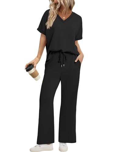 Sampeel Lounge Sets for Women Summer Oversized V Neck Short Sleeve Tops Wide Leg Pants Two Piece Sets Airport Travel Country Concert Cruise Vacation Teacher Date Outfits Women Clothing Black L | Amazon (US)