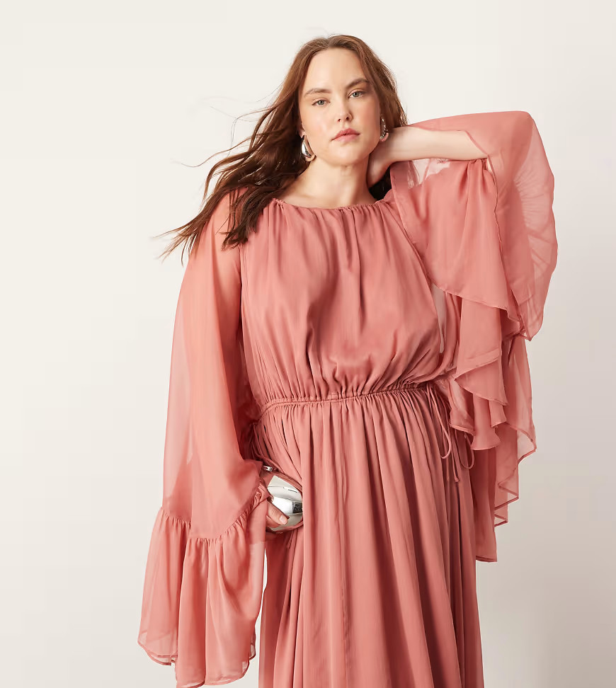 ASOS EDITION Curve chiffon extreme sleeve maxi dress with ruffle back detail in dusky pink-Multi | ASOS (Global)