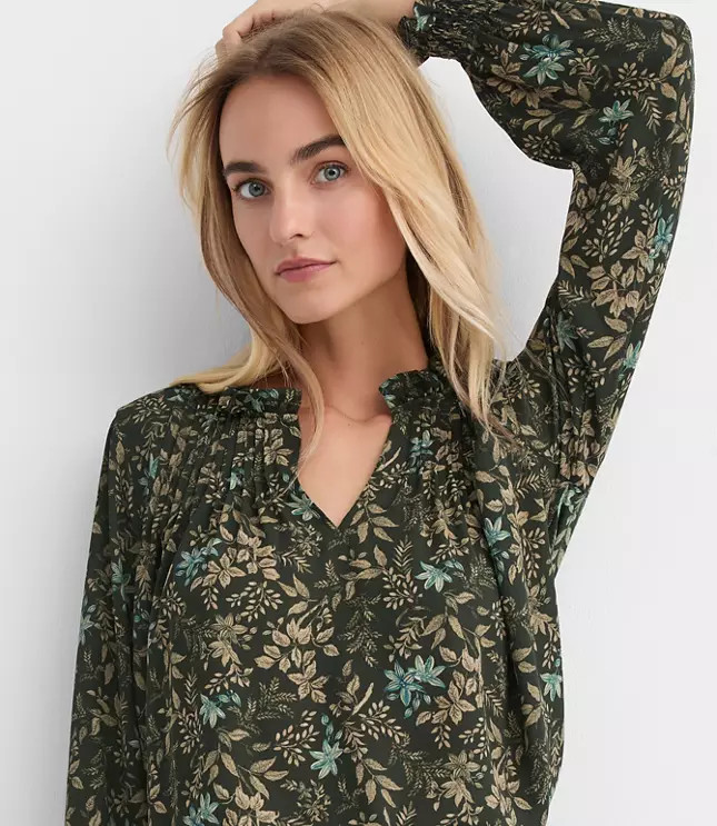 Petite Garden Pintucked Ruffle Mixed Media Blouse | LOFT