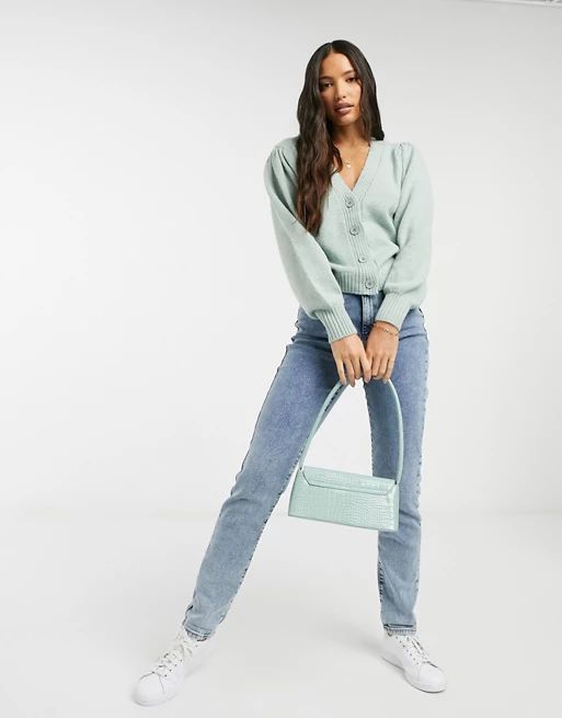 ASOS DESIGN Tall v-neck cardigan with puff sleeve in green | ASOS (Global)