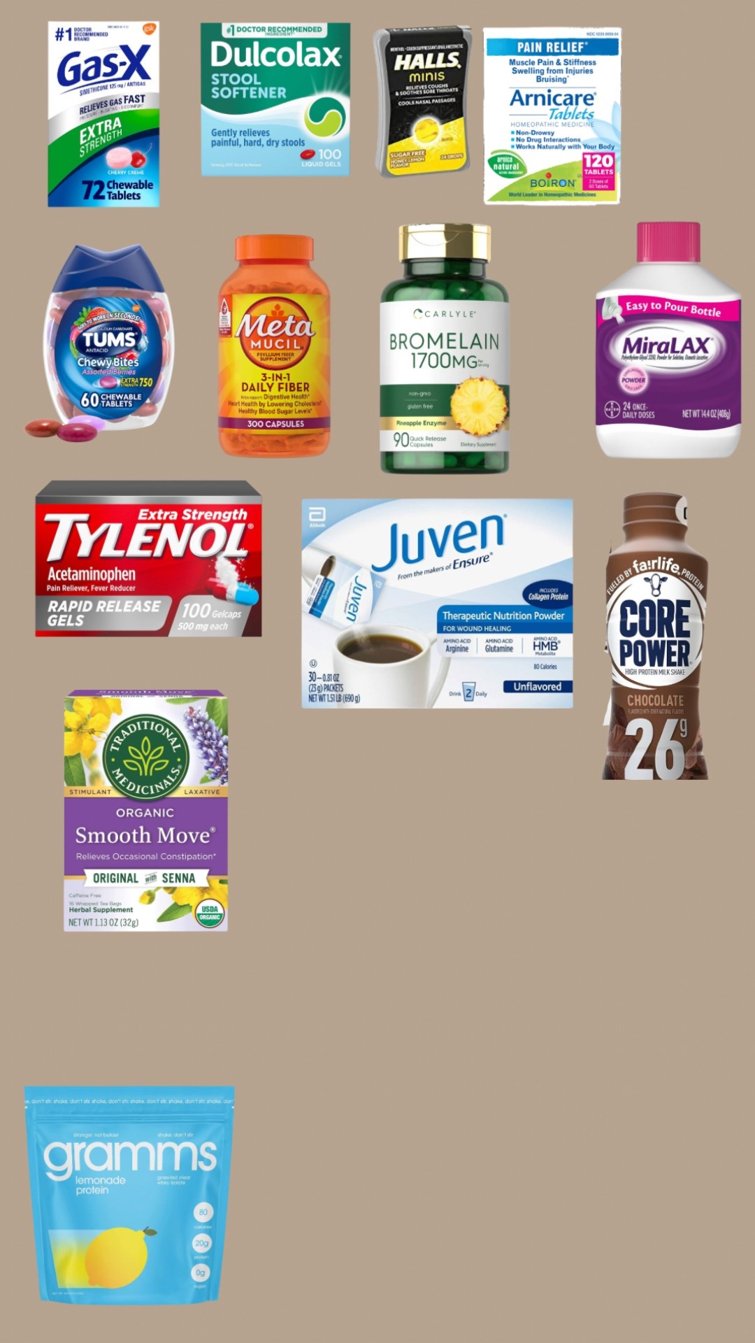 Here are a bunch of products that I took daily during my recovery!  
I was worried about constipation from anesthesia and the pain medication so I did a lot of things to try to come back that. 

*The lemonade protein I found on the Tik Tok Shop. 