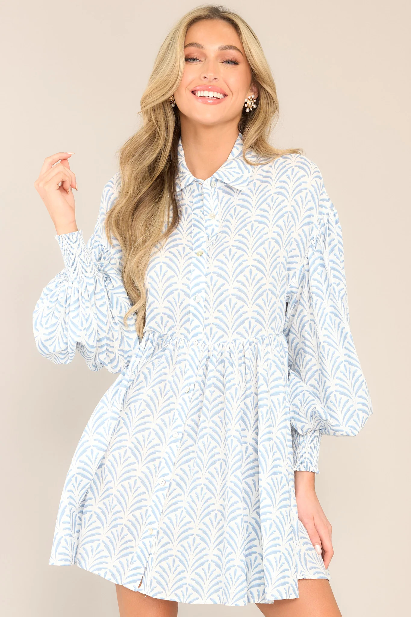 This Is Your Sign Sky Blue Print Button Front Mini Dress | Red Dress