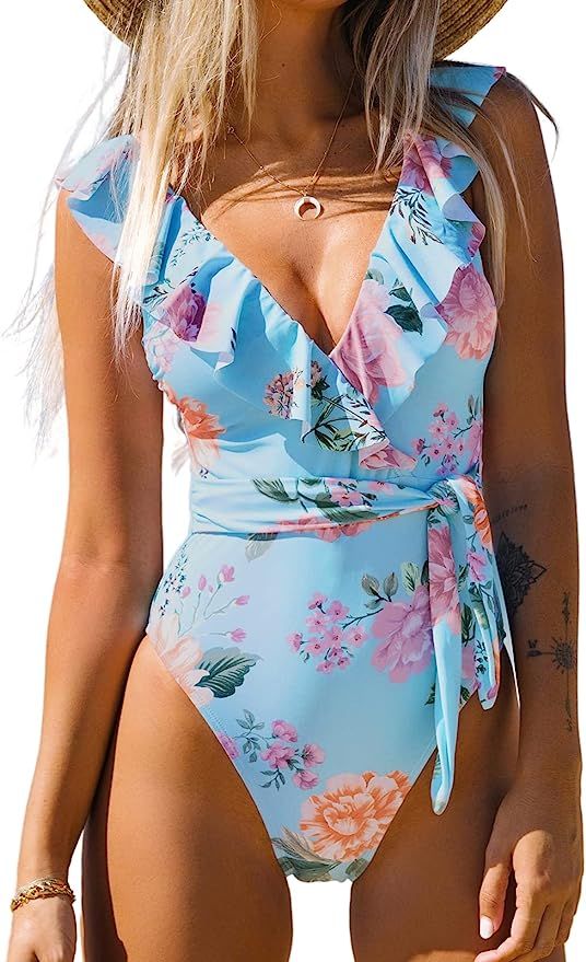 CUPSHE One Piece Swimsuit for Women Floral Print V Neck Ruffle Low Back Adjustable Straps | Amazon (US)
