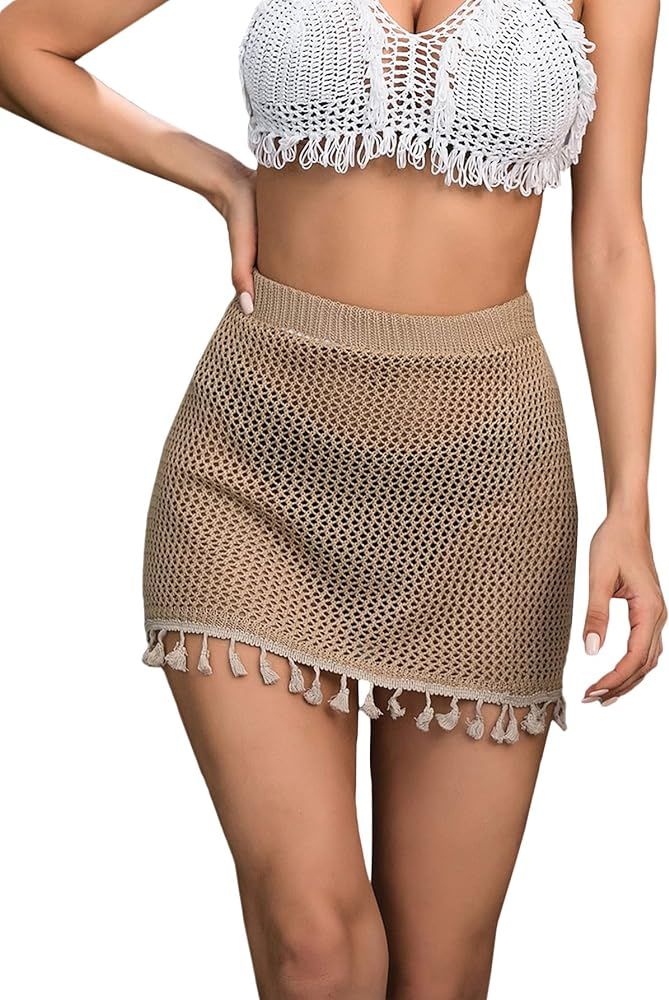 SOLY HUX Women's Elastic Waist Tassel Sheer Beach Swimwear Cover Up Mini Skirt | Amazon (US)