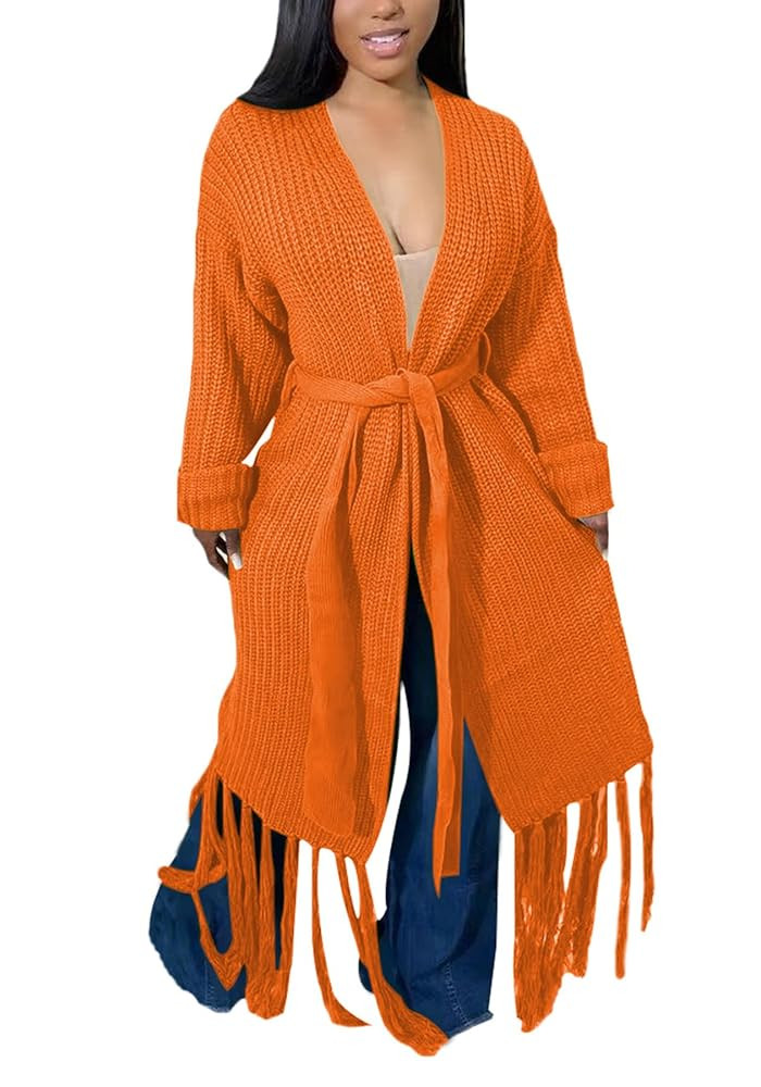 Tcremisa Women's Fringe Chunky Cable Knit Cardigan Long Sleeve Tassel Sweater Coat Fall Winter Ou... | Amazon (US)