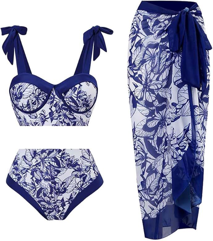 Wuitrie Womens Bikini Set 3 Piece Elegant Vintage Print Ruffled Lace Up Brazilian Thong Swimsuits wi | Amazon (US)