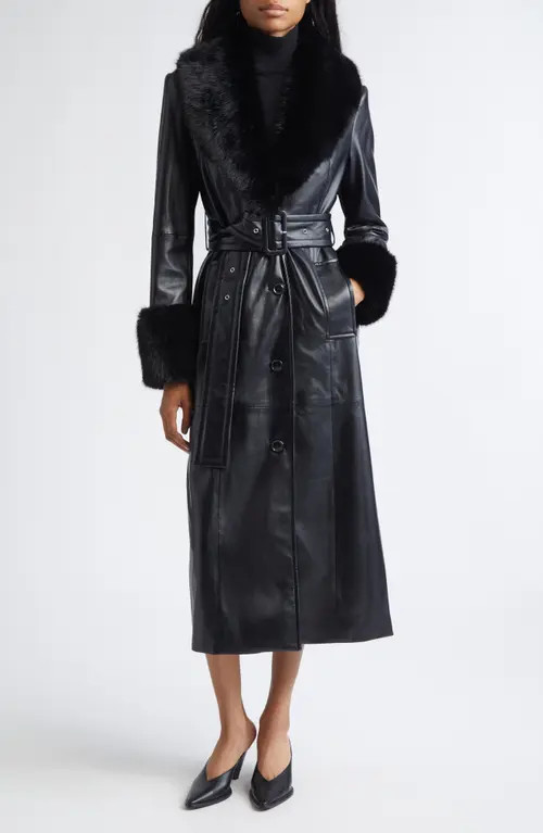 Stand Studio Estella Belted Faux Leather Coat with Faux Fur Trim in Black/Black at Nordstrom, Size 4 Us | Nordstrom