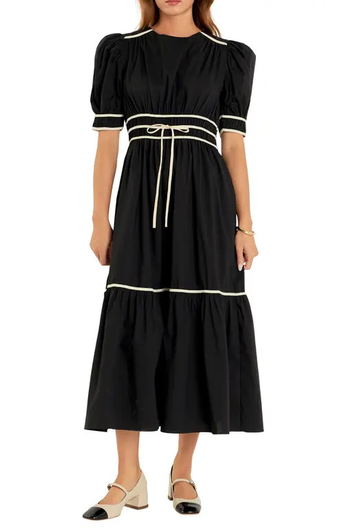 English Factory Bow Puff Sleeve Cotton Blend Midi Dress in Black at Nordstrom, Size Medium | Nordstrom