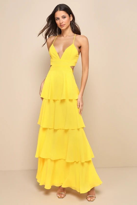 Tier and Now Yellow Tie-Back Tiered Maxi Dress | Lulus