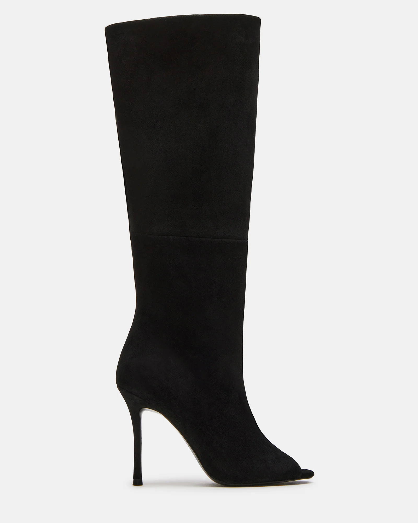 PEGGIE Black Suede Stiletto Heel Peep Toe Women's Boots | Steve Madden (US)