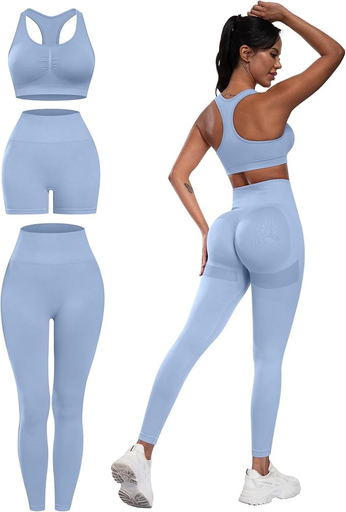 3 Piece Workout Sets for Women Butt Lifting Leggings with High Impact Sports Bra Gym Shorts | Amazon (US)