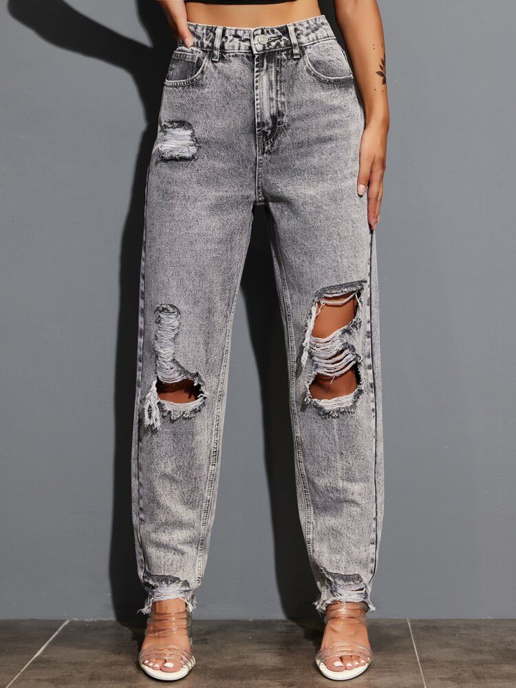 High Waisted Ripped Raw Hem Jeans | SHEIN