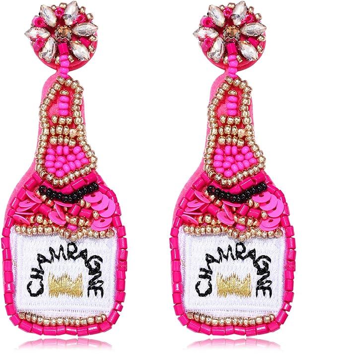 Beaded Champagne Bottle Earrings for Women Handmade Bead Champagne Drop Dangle Earring Statement ... | Amazon (US)