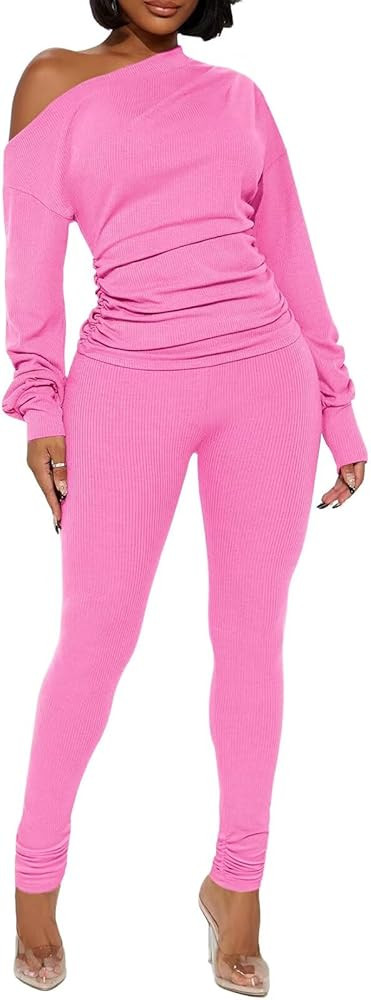 Sexy 2 Piece Outfits for Women One Off Shoulder Tops Ribbed Pant Set Tracksuit Clubwear | Amazon (US)