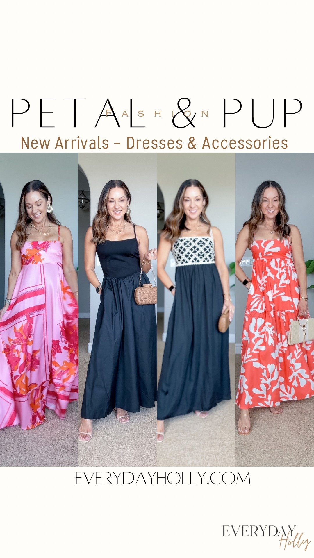 Save 20% code HOLLY20 
New Arrivals- Petal & Pup Dresses & accessories. 
Perfect for special occasion, resort, vacations. 

For reference: I’m 5’1”, 108 lbs – all unaltered & true to size!
These are all in size extra small, and the shoes run true to size. The gold flower earrings are lightweight, and the purse can be made into a clutch with a short chain or a long chain.   

#LTKPetite #LTKOver40 #LTKStyleTip