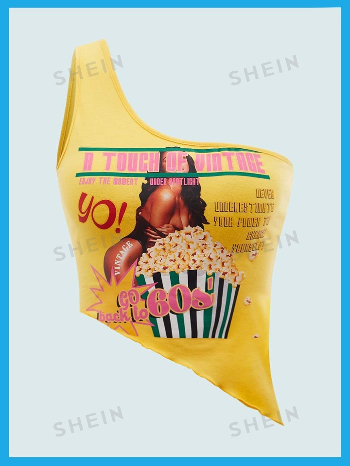 SHEIN ICON 90s Figure & Slogan Graphic Asymmetrical Hem Crop Top | SHEIN