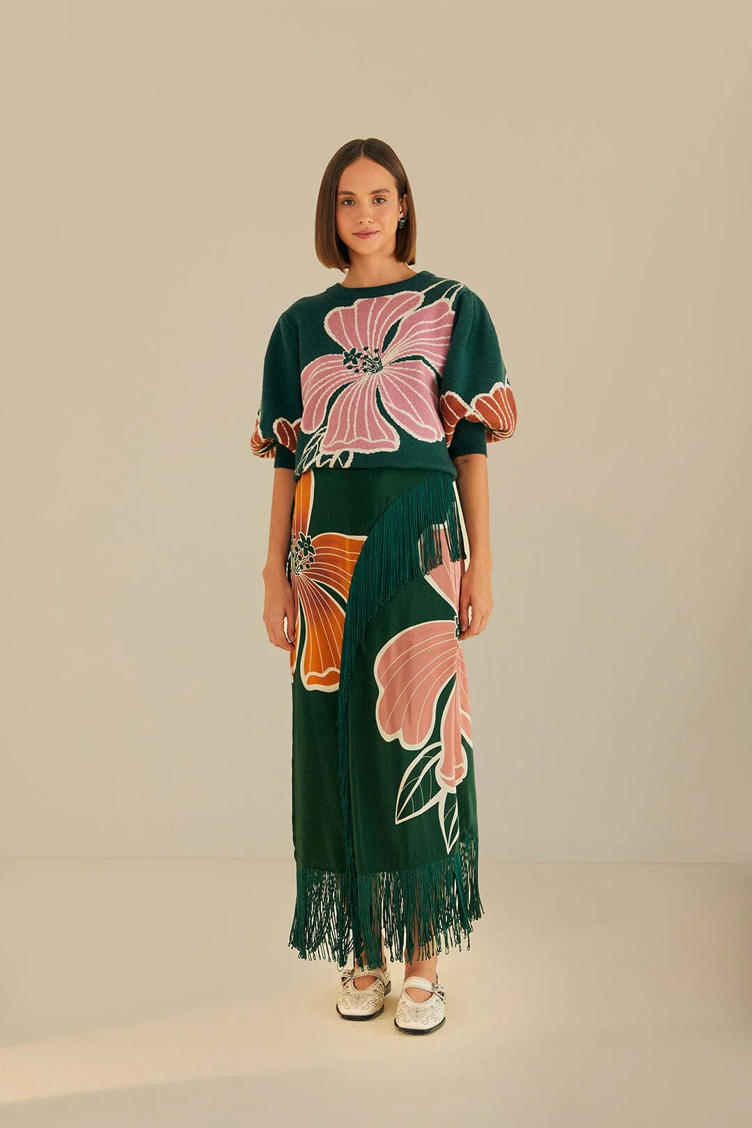 Green Honolulu Flowers Fringe Maxi Skirt | FarmRio (US)
