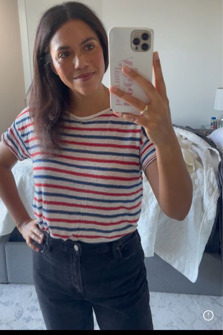 A quick casual look for a morning coffee date! I love oversized striped tshirts tucked into straight leg jeans. 

Wearing size medium Madewell tshirt, and size 30 Abercrombie 90s straight leg jeans  

#LTKunder100 #LTKSeasonal #LTKstyletip
