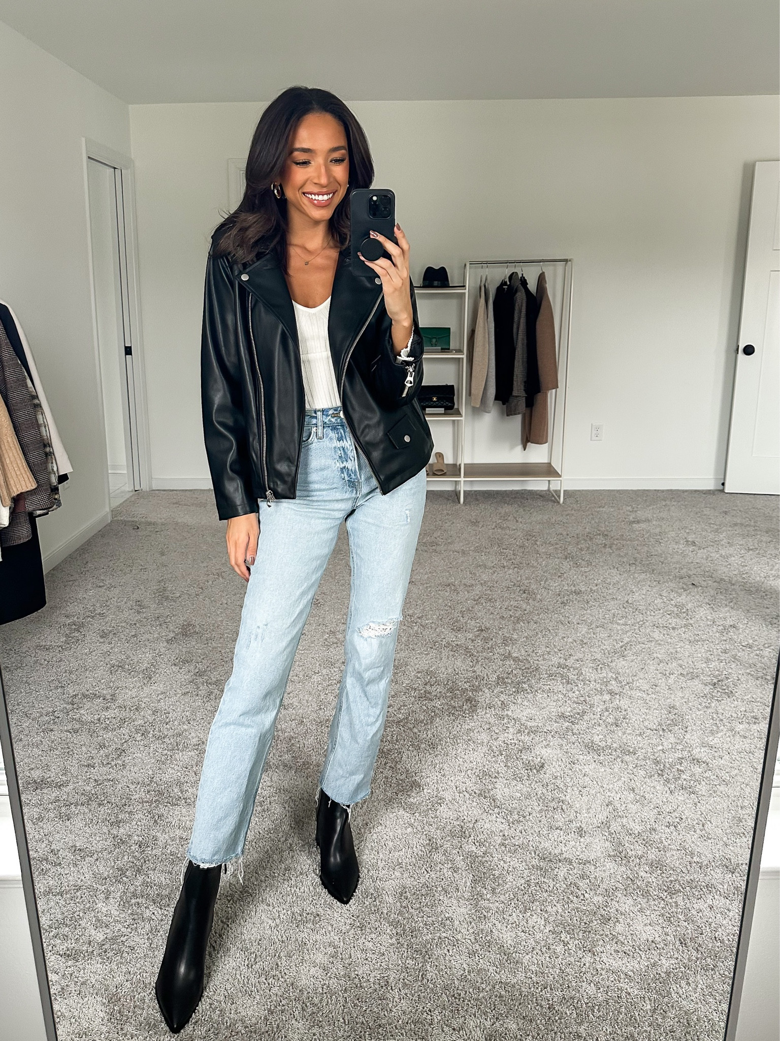 Size S faux leather jacket - oversized fit, XS sweater bodysuit, size 2 denim 









Faux leather jacket
Leather jacket outfit
Casual fall outfit 


#LTKSeasonal #LTKstyletip #LTKunder50