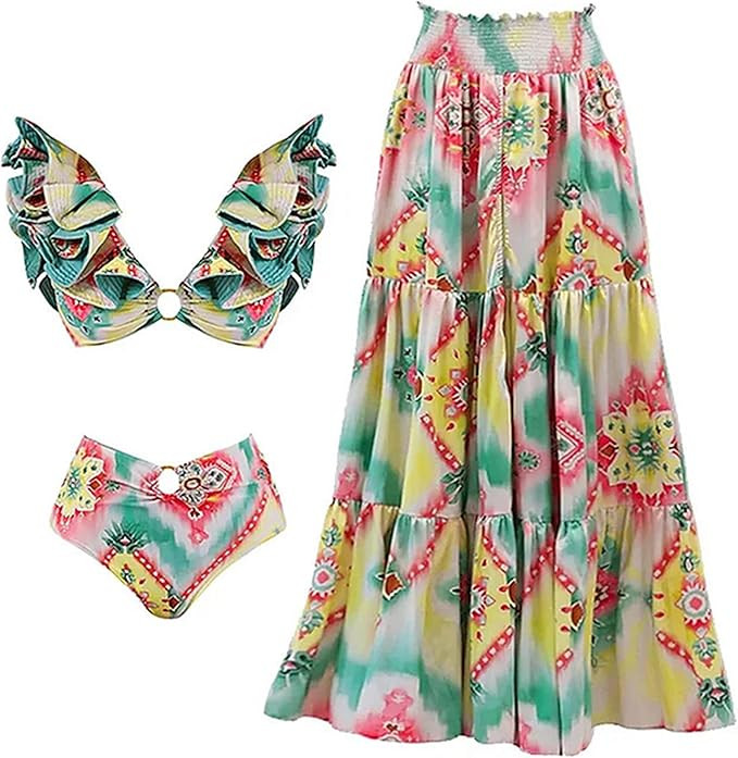 Women's 3 Piece Bathing Suits Sexy Floral Print Bikini Set with Cover Up Skirt | Amazon (US)