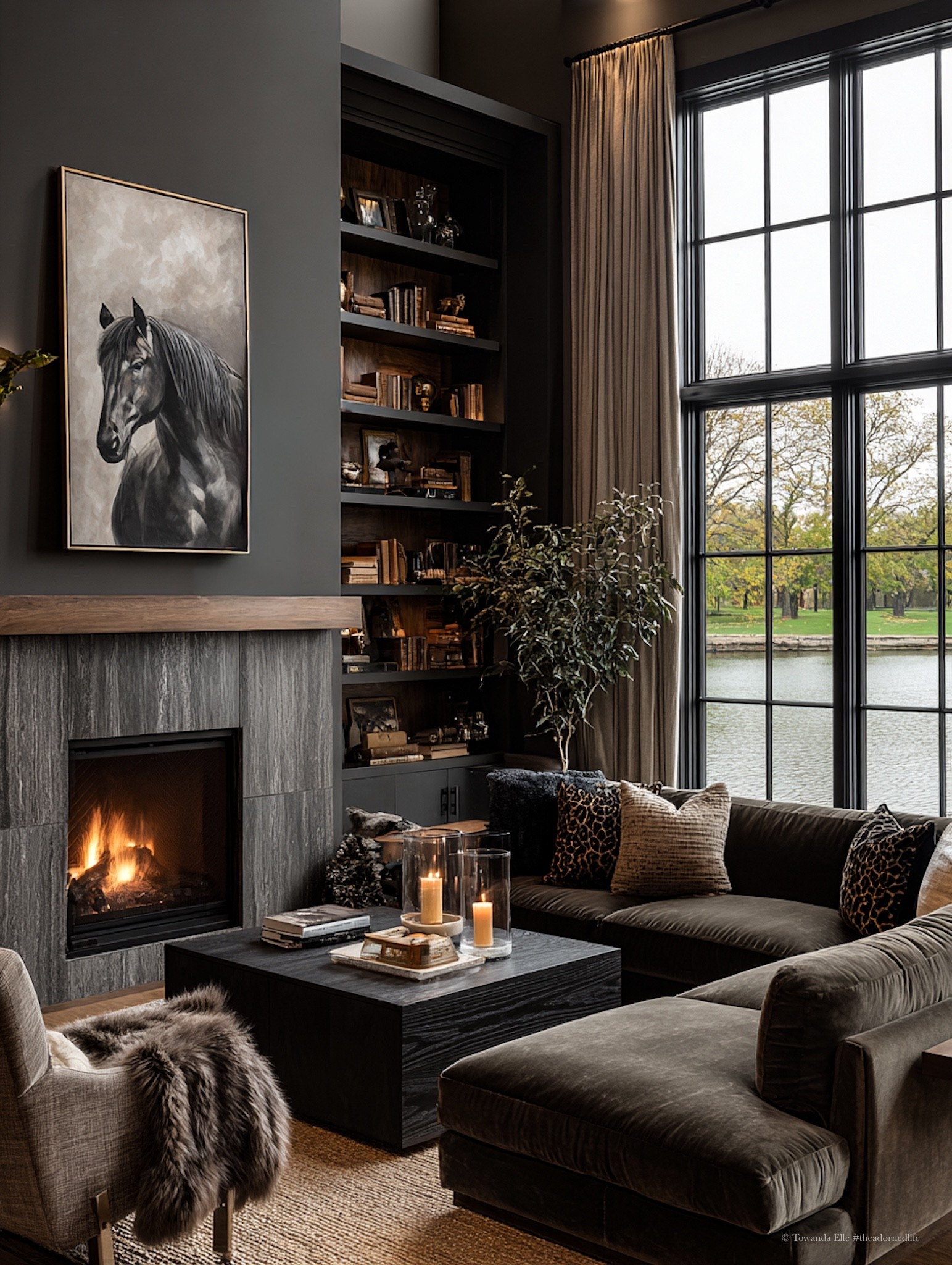 The Black Lake House is where moody modern design meets lakeside calm. Think matte black cabinetry, warm woods, soft linens, and stone textures layered for quiet luxury and effortless living. This is an interior that invites slow mornings, glowing firelight, and thoughtful design moments—every detail grounded, intentional, and timeless. 🖤

#LTKHome
